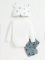 SHEIN Newborn Baby Boy Three-dimensional Ear Hat Long-sleeved Shoulder Jumpsuit And Trousers Three-piece Set