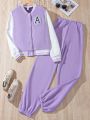 Teenage Girls' Casual Color Block Ribbed Jacket & Elasticized Jogger Pants Set