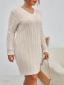 SHEIN Frenchy Plus Size V-neck Cable Knit Sweater Dress With Drawstring