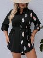 SHEIN VCAY Plus Size Women's Cat Printed Notched Neckline Dress