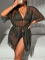 SHEIN Swim Basics Plus Size 1pc See Through Hollow Out Sleeve Hem Kimono