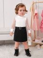 SHEIN Baby Girls' Elegant & Romantic Knitted Heart, Polka Dot Tulle Skirt With Belt Set