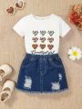 Cute And Comfy Baby Girls' Leopard Printed Heart Patterned Top And Ripped Shorts For Casual Wear