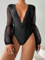 SHEIN Swim Chicsea Women's See-Through Mesh Lantern Sleeve One-Piece Swimsuit