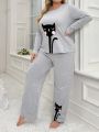Women's Plus Size Cat Pattern Pajama Set