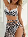 SHEIN DD+ Zebra Pattern Knot-back Bikini Set And Beach Half Skirt