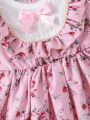 Elegant British French-Style Countryside Print Ruffle Hem Puff Sleeve Cuff Lace Hem Baby Girl Dress