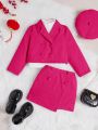 SHEIN Kids FANZEY Young Girl Double Breasted Blazer & Skirt & Hat