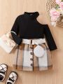Baby Girl Asymmetrical Neck Tee & Plaid Print Belted Skirt & Belt Bag