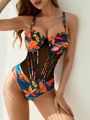 SHEIN DD+ Ladies' One Piece With Printed Pattern And Hollow Out Design