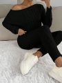 SHEIN Essnce Cable Knit Boat Neck Drop Shoulder Sweater & Knit Pants