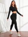 Yoga Trendy Women's Hooded Jacket With Drawstring And Leggings Sports Set