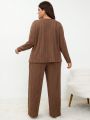 SHEIN Frenchy Plus Size Brown V-neck Loose Fit Long Sleeve Top And Casual Pants 2 Piece Set