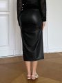 SHEIN Privé High-Waisted Split Pu Skirt With Pleated Hem