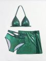 Teenage Girls' Metallic Fabric Halter Neck Swimsuit Set