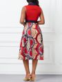 SHEIN Lady Women'S Printed Patchwork Belted Maxi Dress