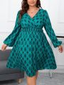 SHEIN Clasi Plus Size Geometric Printed V-neck Lantern Sleeve Dress