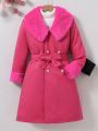 Tween Girl 1pc Borg Collar Double Breasted Belted Overcoat