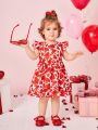 SHEIN Baby Girls' Casual Loose Short Sleeve Heart Pattern Dress