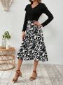 SHEIN VCAY Women's Ruffle Hem Long Sleeve Top And Plant Print Midi Skirt 2pcs/set