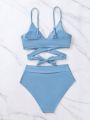 SHEIN Swim Vcay Solid Bikini Set Crisscross Tie Back Bra & Overlap High Waisted Bottom 2 Piece Bathing Suit