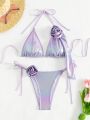 SHEIN Swim Y2GLAM Women's Shiny Swimsuit Set With 3d Rose Knot Decoration