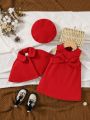 SHEIN Baby Girls' Sleeveless Wool Blend Dress With Bow Decoration And Cape Coat, Including Hat Set