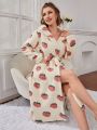 Strawberry Print Hooded Belted Flannel Robe