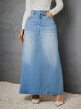 SHEIN Privé High Waist Denim A-Line Skirt With Washed Effect