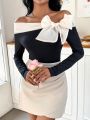 SHEIN Privé Elegant Color Block Bowknot Off Shoulder Long Sleeve T-shirt