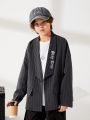 SHEIN Kids EVRYDAY Boys' Casual Striped Jacket With Shawl Collar And Letter Print