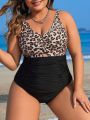 SHEIN Swim Classy Plus Size Women's Leopard Printed Ruched Monokini Swimsuit