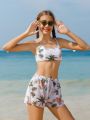 Teen Girls' Tropical Print Bikini Set With Swimwear Shorts