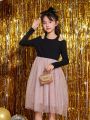 SHEIN Kids KDOMO Tween Girl Cold Shoulder Mesh Overlay Dress