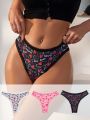 SHEIN Women'S Heart Print Lace Trim Thong Panties