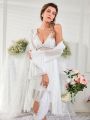 Ruffle Trim Flounce Sleeve Robe & Contrast Lace Cami Sleep Dress PJ Set