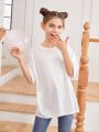 SHEIN 1pc Knitted Heart Pattern Round Neck Super Loose Casual T-Shirt For Tween Girls, Sold Separately ( Mommy And Me Matching Outfits)