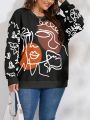 SHEIN LUNE Plus Size Abstract Face Printed Round Neck Sweatshirt