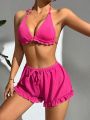 SHEIN Swim Vcay Ruffled Halter Top & Shorts Decor Bikini Set