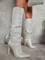 Rhinestone Detail Thigh High Boots