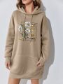 Floral & Slogan Graphic Kangaroo Pocket Drop Shoulder Drawstring Thermal Hoodie Dress