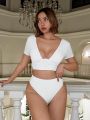 SHEIN Swim Y2GLAM Solid Color Short Sleeve Top And Triangular Pants Bikini Set