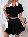 Contrast Color Turn Down Collar Cropped Top & Pleated Midi Skirt Set