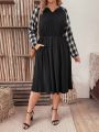 SHEIN LUNE Plus Size Plaid Colorblock Shift Dress With Notched Neckline, Batwing Sleeves, And Hidden Pockets