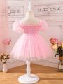 Baby Heart Mesh Overlay Puff Sleeve Frill Trim Dress