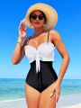 SHEIN Swim Chicsea Women's Color Block One Piece Swimsuit With Bowknot And Ruching Detail On Chest