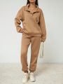 Solid Color Turn-down Collar Long Sleeve Top And Pants Two Piece Set For Women