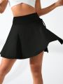 Solid Color Drawstring High Waist Athletic Skirt