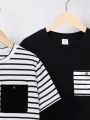 SHEIN Kids Academe Tween Boys' Loose Fit College Style Round Neck Striped Short Sleeve T-shirt 2pcs/set