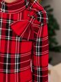 SHEIN Kids FANZEY Tween Girl 1pc Plaid Print Bow Front Flounce Sleeve Dress